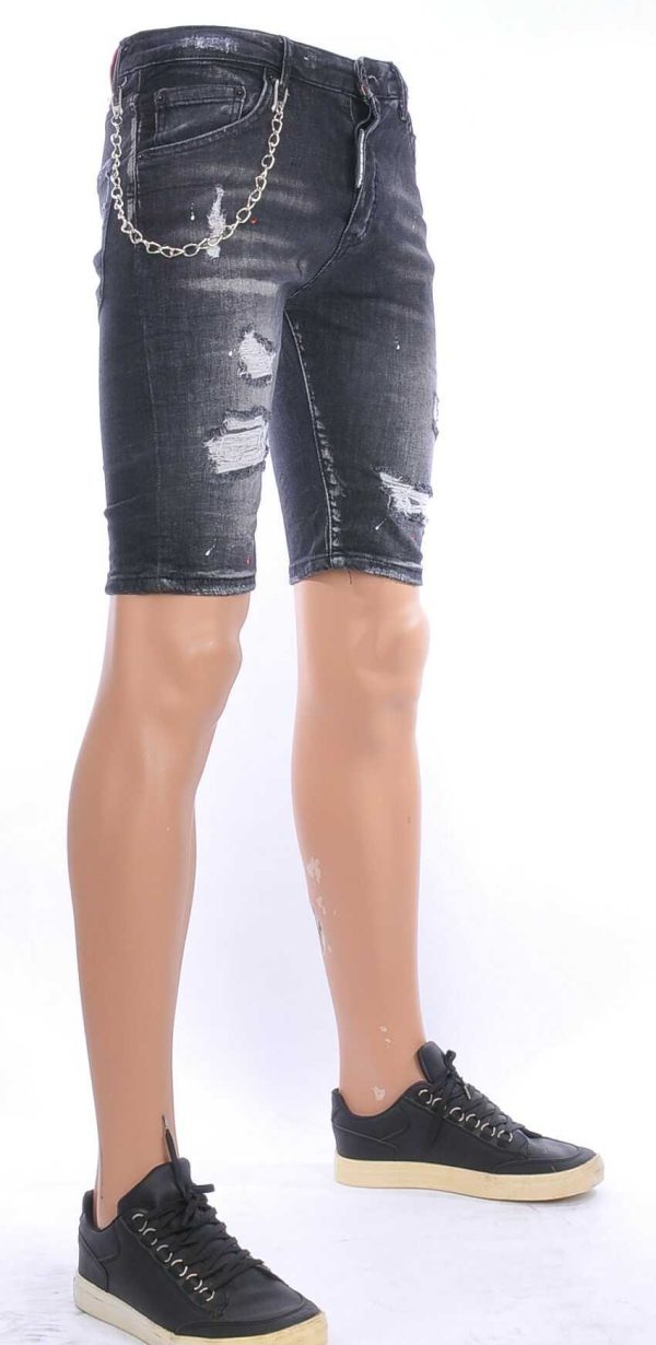 ICON2 hippie gescheurde slim fit heren korte spijkerbroek met verfvlekjes Zwart