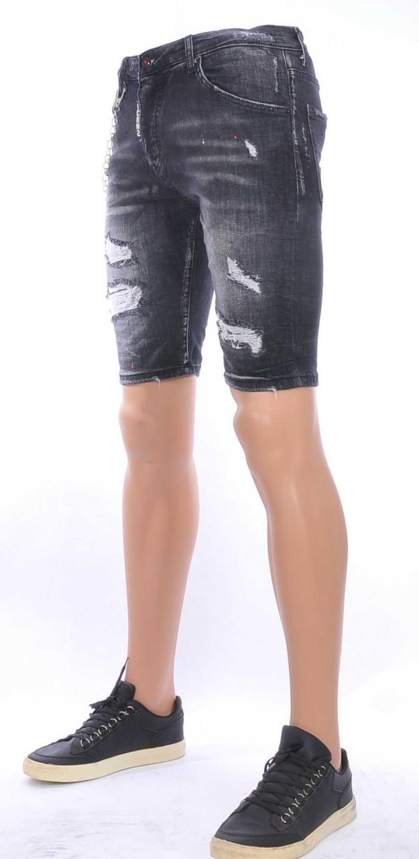 ICON2 hippie gescheurde slim fit heren korte spijkerbroek met verfvlekjes Zwart