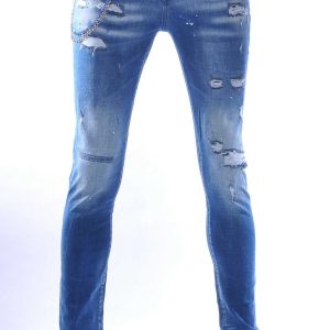 ICON2 hippie gescheurde slim fit stretch heren jeans met verfspatten Blauw