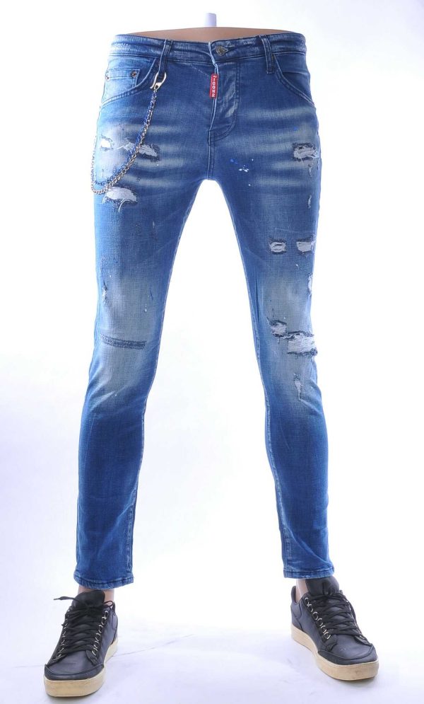 ICON2 hippie gescheurde slim fit stretch heren jeans met verfspatten Blauw