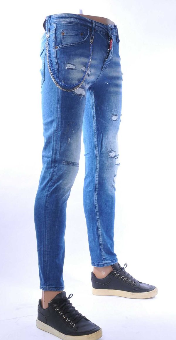 ICON2 hippie gescheurde slim fit stretch heren jeans met verfspatten Blauw