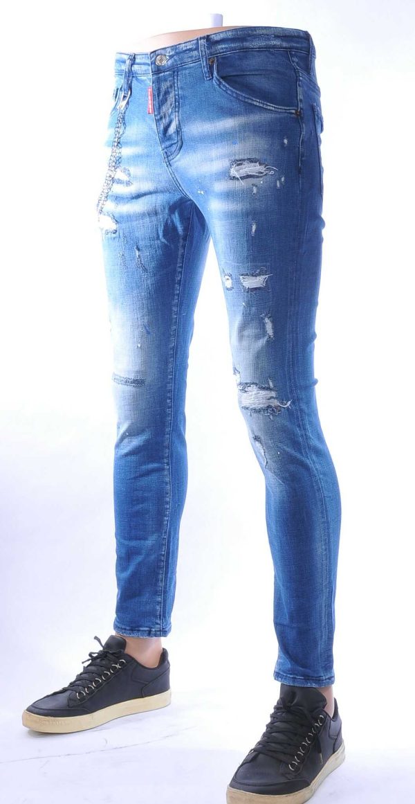 ICON2 hippie gescheurde slim fit stretch heren jeans met verfspatten Blauw
