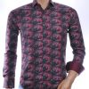 CORRINO Italiaans Slim Fit Heren Overhemd met Allover Pauwen Print – Bordeaux