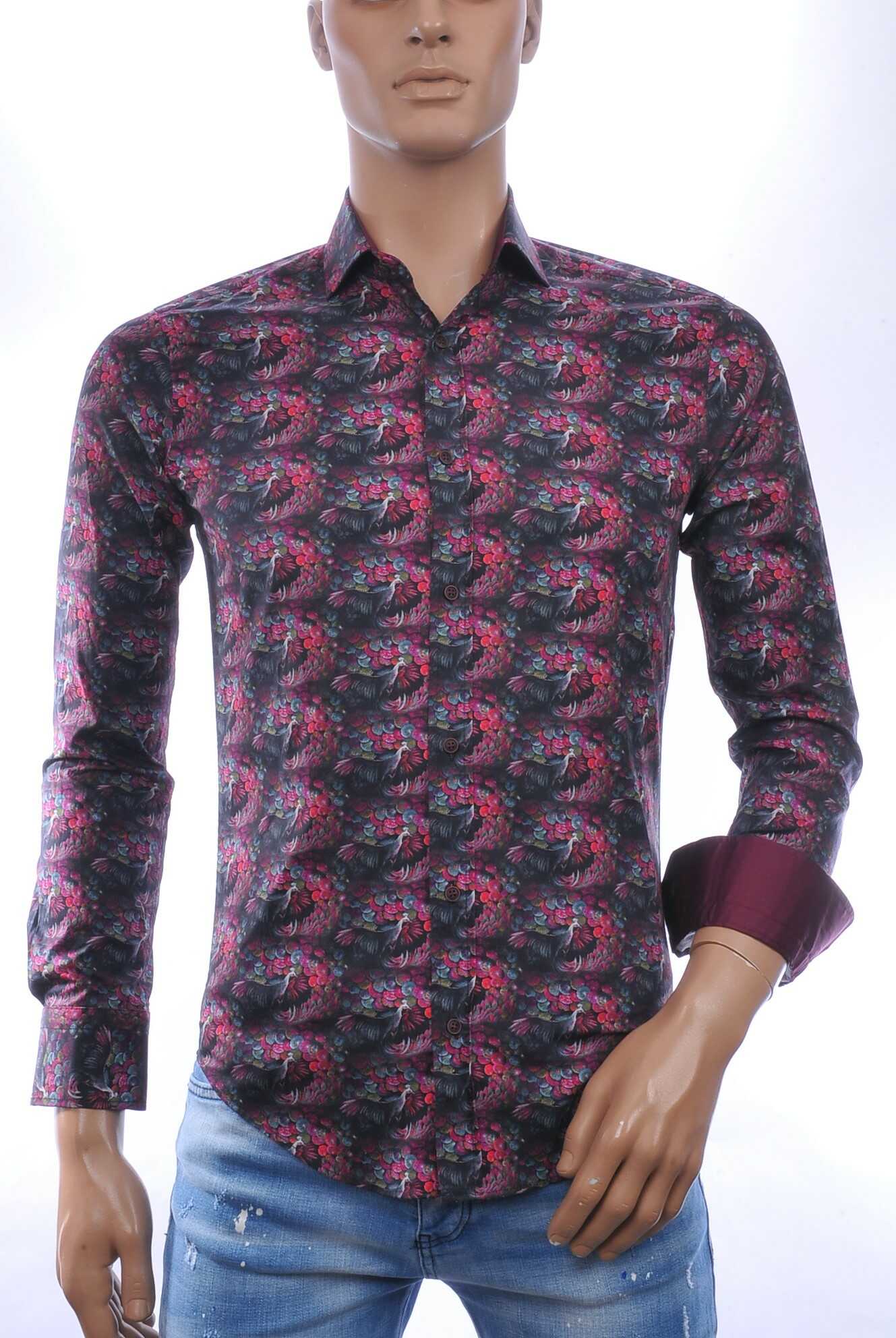 CORRINO Italiaans Slim Fit Heren Overhemd met Allover Pauwen Print – Bordeaux