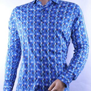Corrino modern fit allover kleurrijk blokjes dessin heren overhemd Blauw