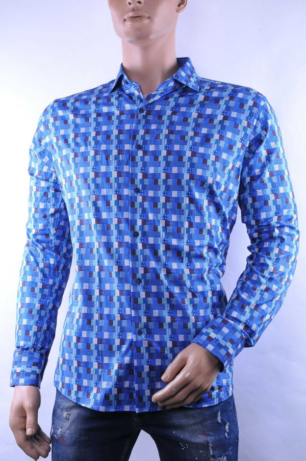 Corrino modern fit allover kleurrijk blokjes dessin heren overhemd Blauw