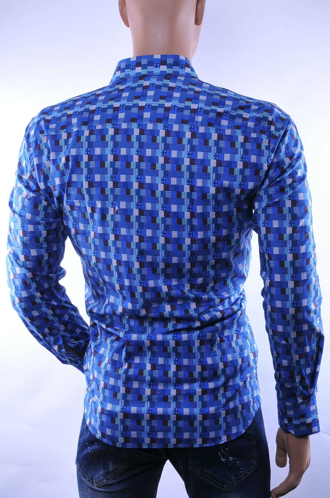 Corrino modern fit allover kleurrijk blokjes dessin heren overhemd Blauw