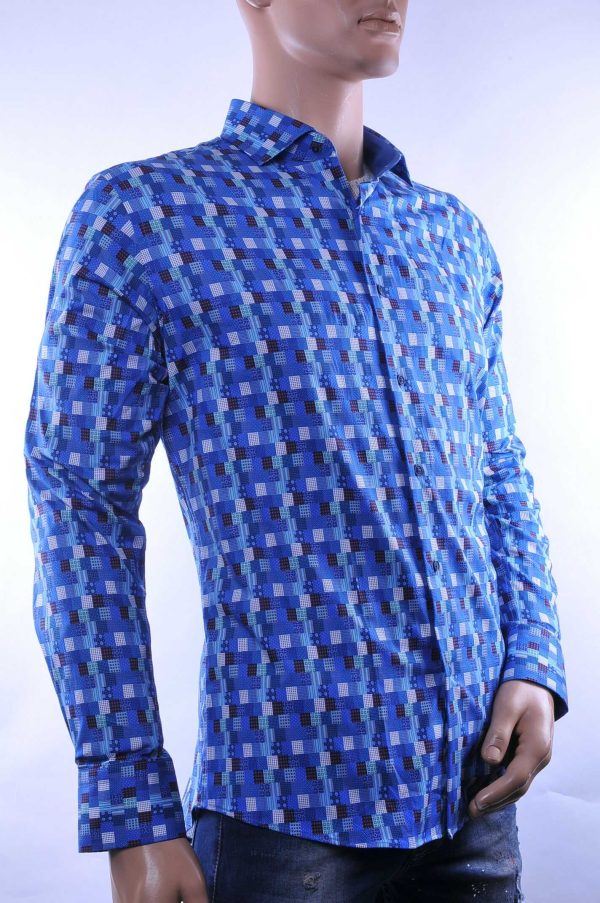 Corrino modern fit allover kleurrijk blokjes dessin heren overhemd Blauw