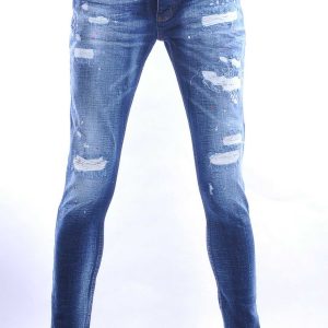 ICON2 hippie gescheurde slim fit stretch heren jeans met verfspetters Blauw