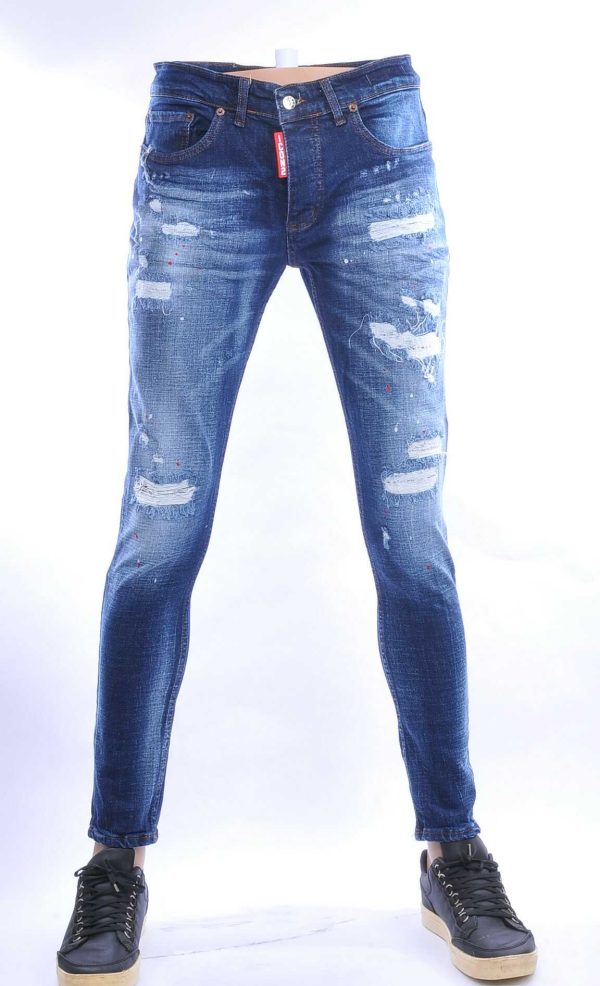 ICON2 hippie gescheurde slim fit stretch heren jeans met verfspetters Blauw
