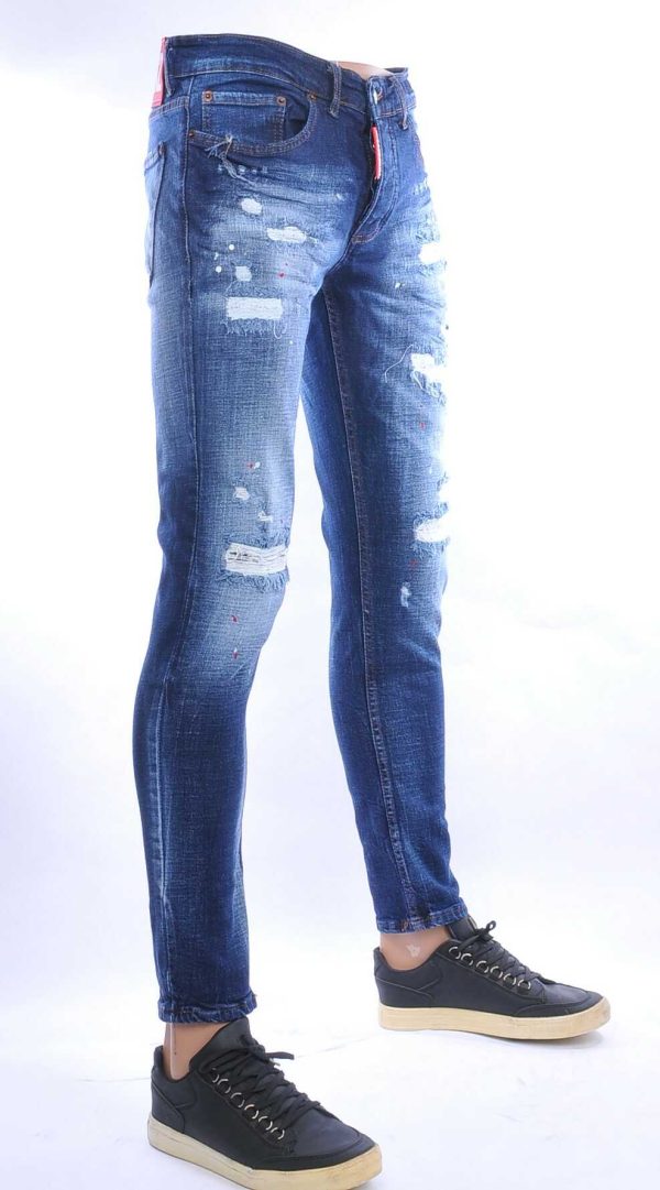 ICON2 hippie gescheurde slim fit stretch heren jeans met verfspetters Blauw