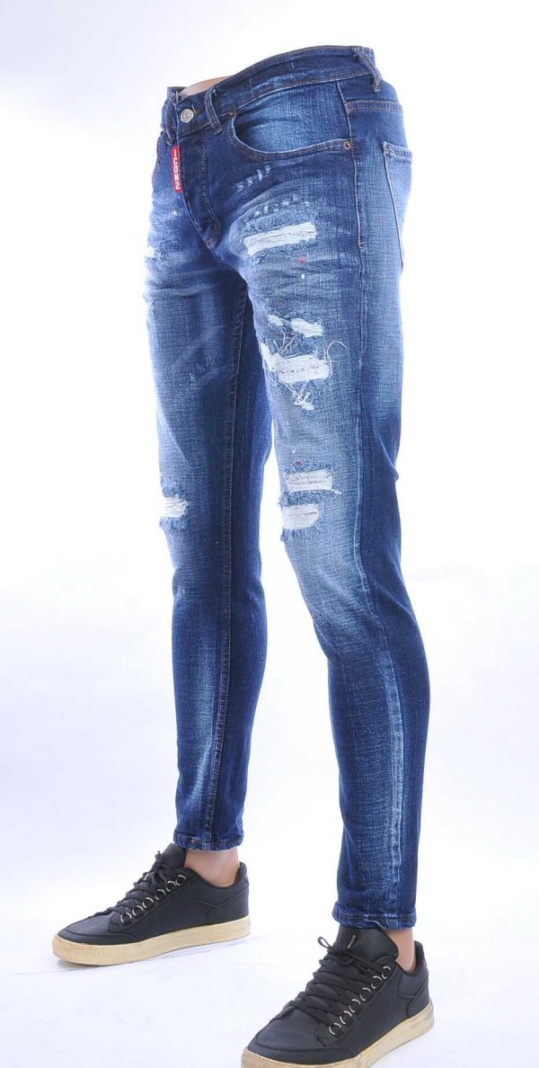 ICON2 hippie gescheurde slim fit stretch heren jeans met verfspetters Blauw