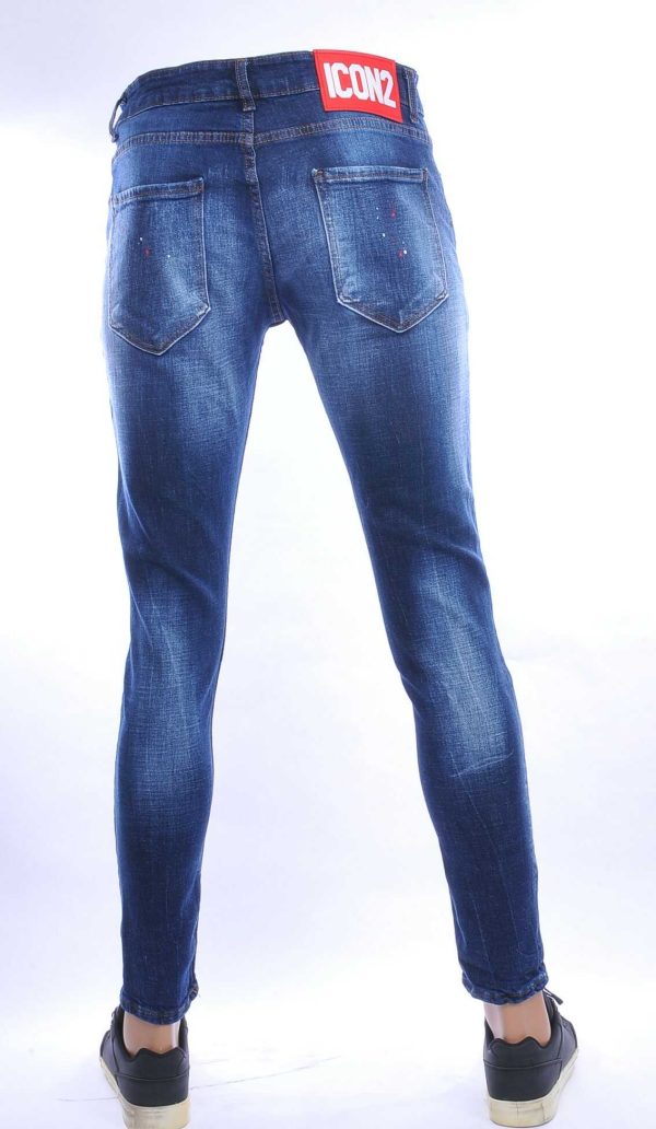 ICON2 hippie gescheurde slim fit stretch heren jeans met verfspetters Blauw