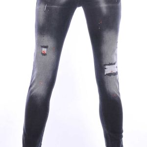 ICON2 hippie gescheurde slim fit stretch heren jeans met verfvlekjes Zwart