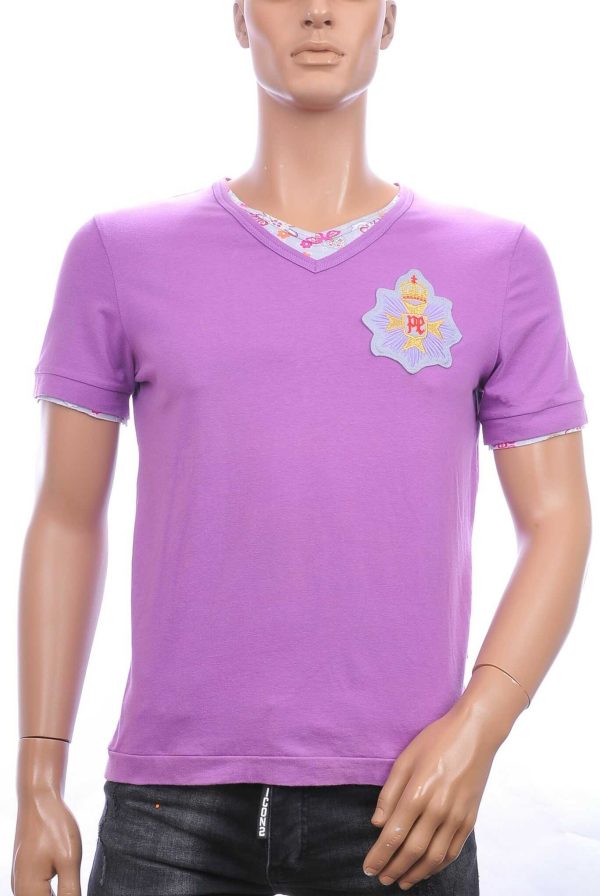 PRIMO EMPORO trendy v-hals heren T-shirt met kruis badge Lila