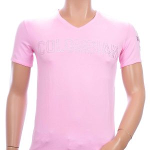 PU-PHAP'OLO trendy COLOMBIAN v-hals heren T-shirt met steentjes Roze