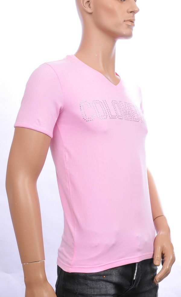 PU-PHAP'OLO trendy COLOMBIAN v-hals heren T-shirt met steentjes Roze