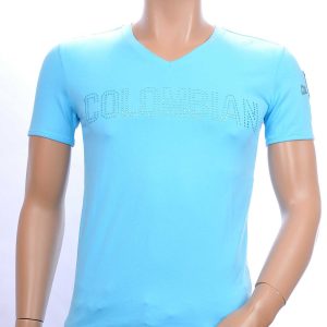 PU-PHAP'OLO trendy COLOMBIAN v-hals heren T-shirt met steentjes Turquoise