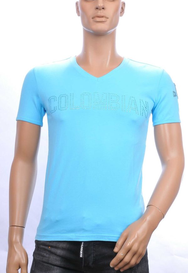 PU-PHAP'OLO trendy COLOMBIAN v-hals heren T-shirt met steentjes Turquoise