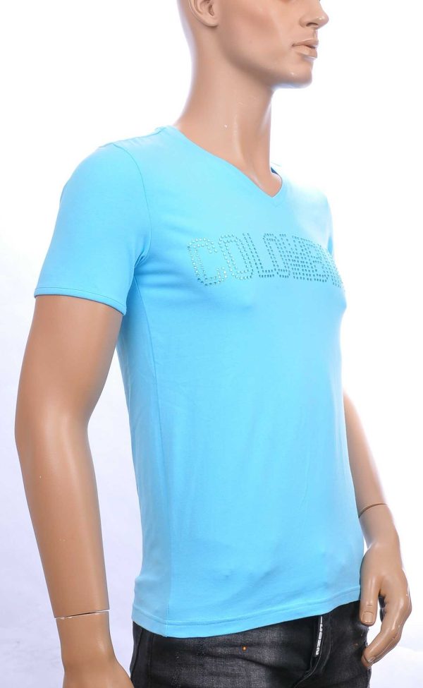 PU-PHAP'OLO trendy COLOMBIAN v-hals heren T-shirt met steentjes Turquoise