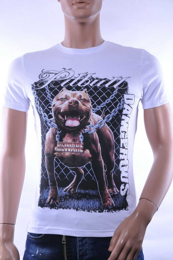 Club Ju ronde hals Dangerous Pitbull print T-Shirt Wit