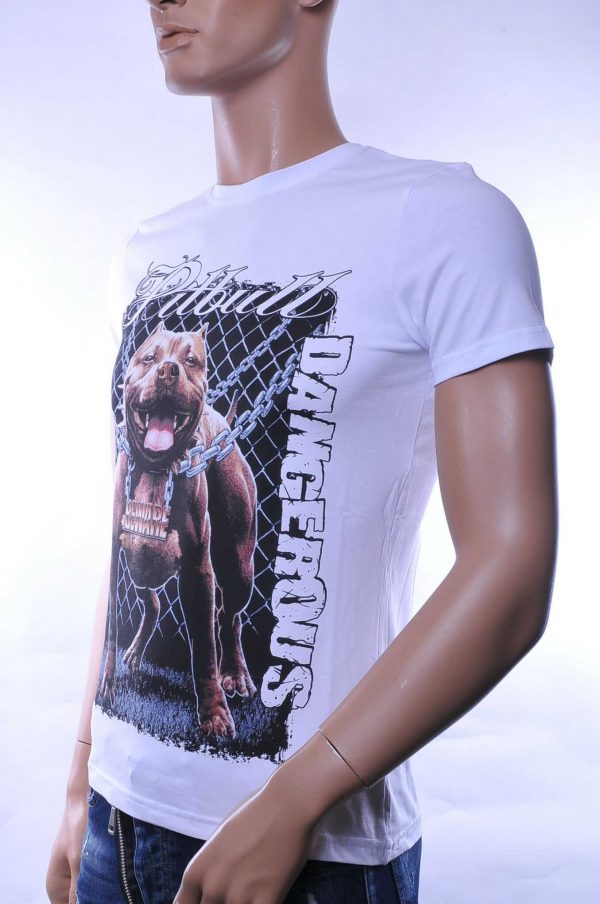 Club Ju ronde hals Dangerous Pitbull print T-Shirt Wit
