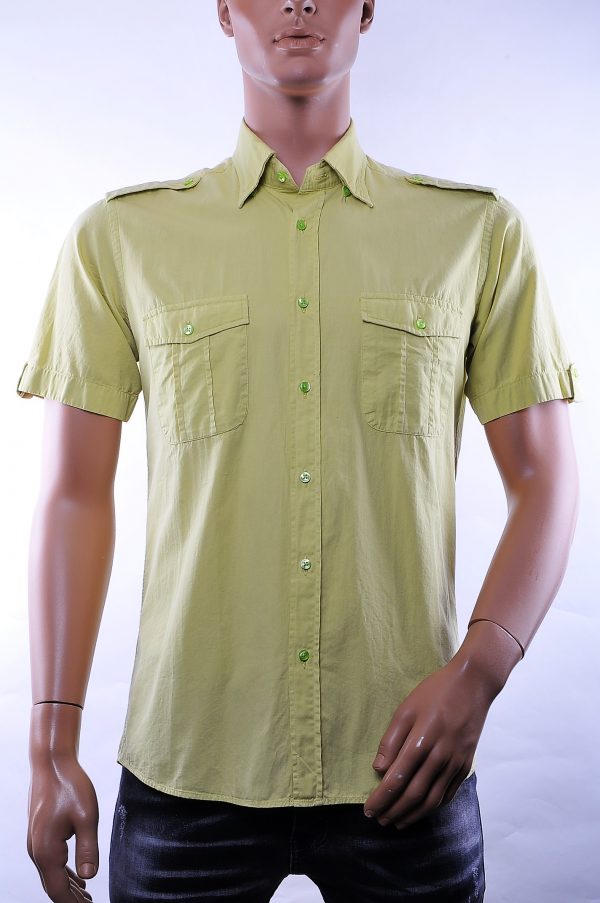 Corrino trendy slim fit effen linnen korte mouwen heren overhemd met borstzakken, C995 Appelgroen