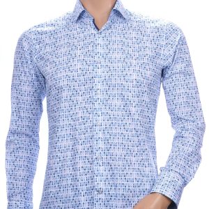 Corrino trendy modern fit allover blauw jeans dessin heren overhemd Wit
