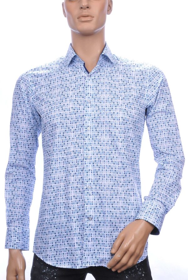 Corrino trendy modern fit allover blauw jeans dessin heren overhemd Wit