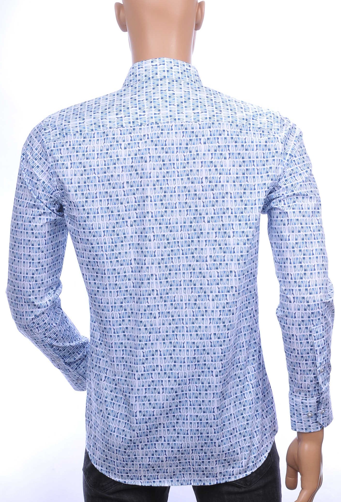 Corrino trendy modern fit allover blauw jeans dessin heren overhemd Wit