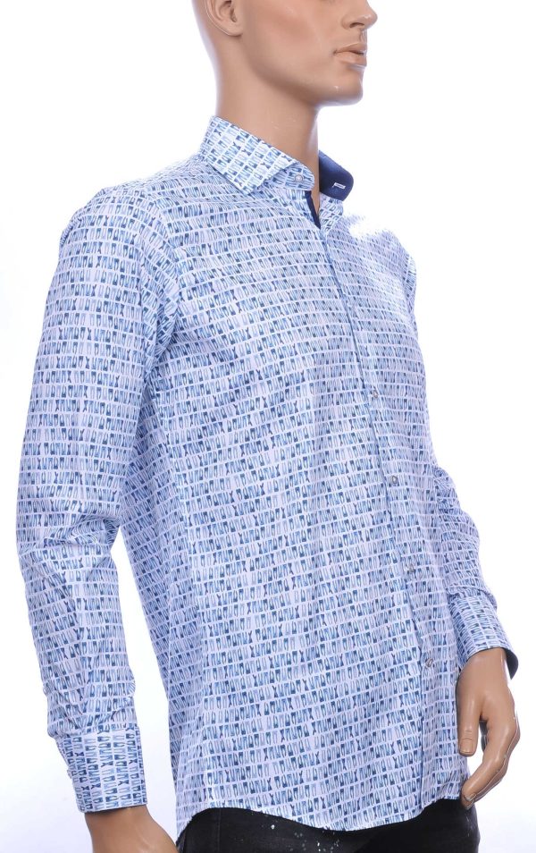 Corrino trendy modern fit allover blauw jeans dessin heren overhemd Wit