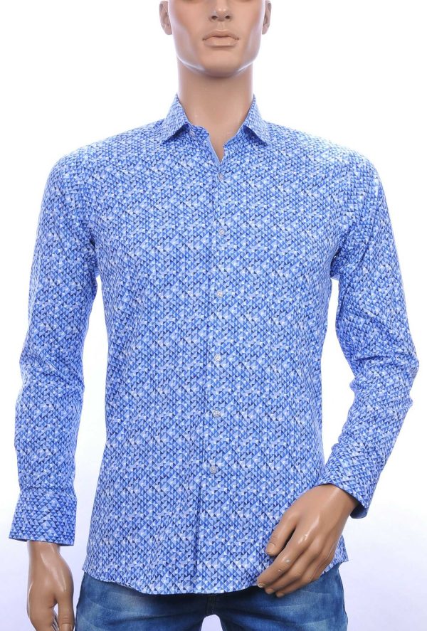 Corrino trendy slim fit allover geometrisch motieven dessin heren overhemd Blauw