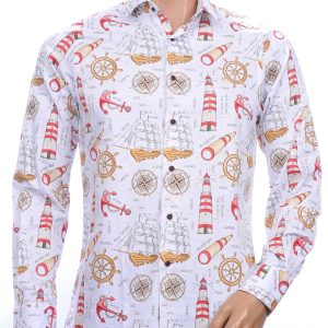 Corrino Italiaanse getailleerd slim fit allover marine attributen motieven dessin heren overhemd Wit
