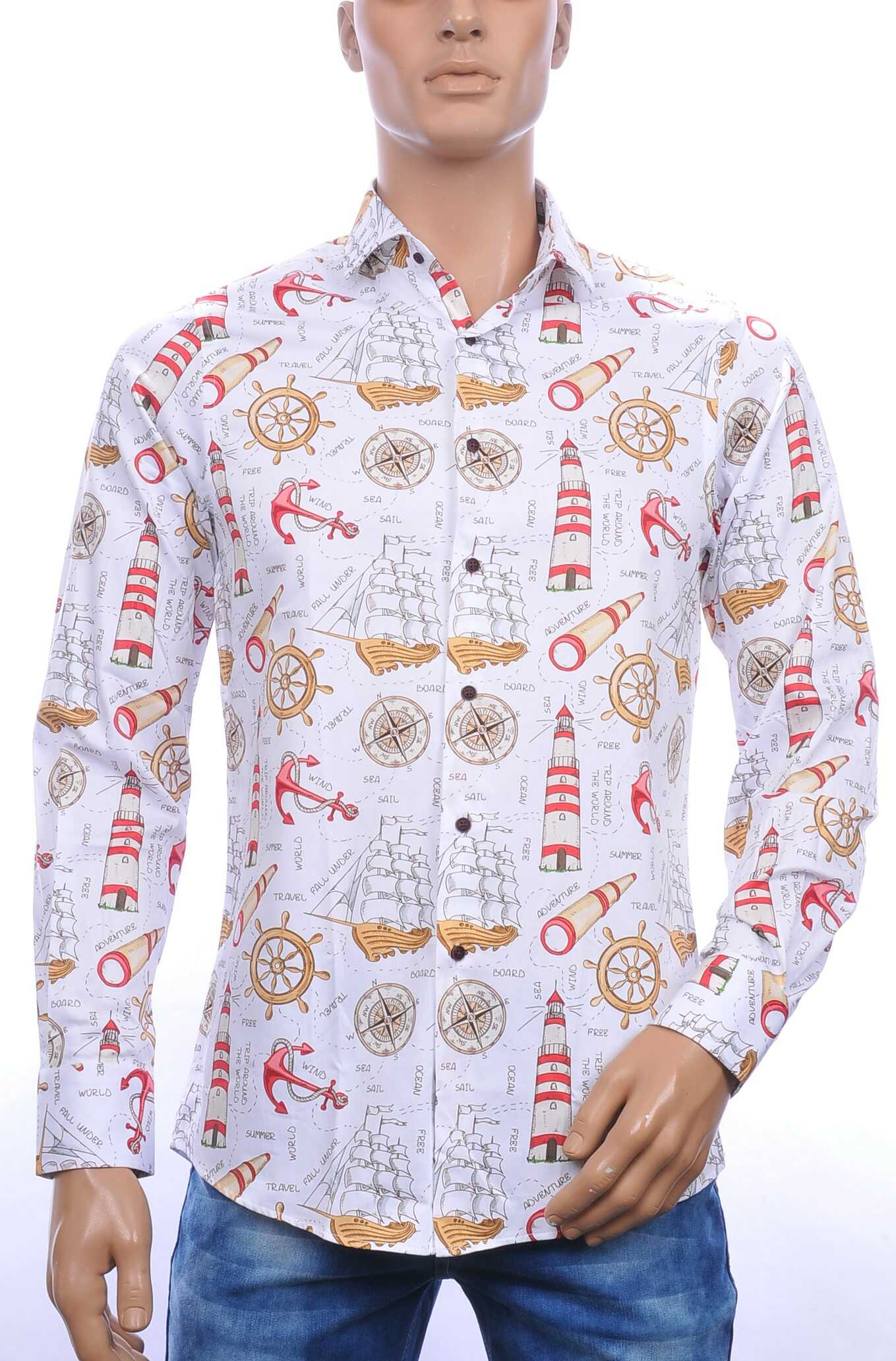 Corrino Italiaanse getailleerd slim fit allover marine attributen motieven dessin heren overhemd Wit