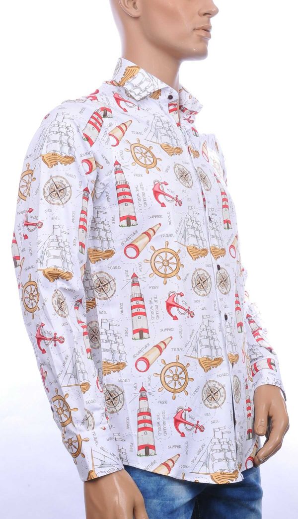 Corrino Italiaanse getailleerd slim fit allover marine attributen motieven dessin heren overhemd Wit