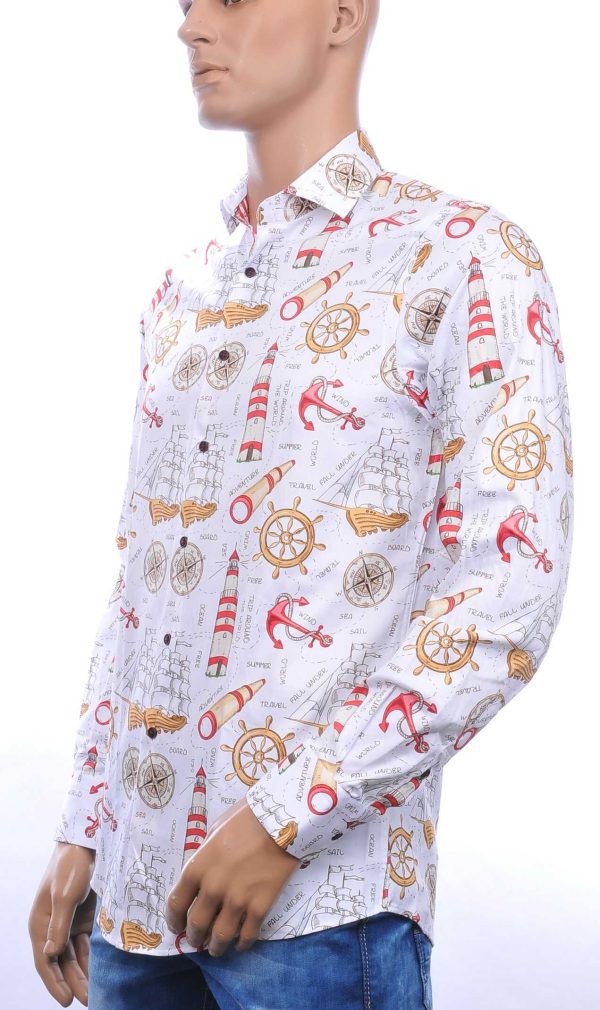 Corrino Italiaanse getailleerd slim fit allover marine attributen motieven dessin heren overhemd Wit