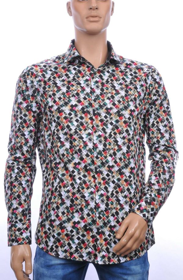 CORRINO trendy allover vierkantjes motieven dessin Italiaanse overhemd Zwart