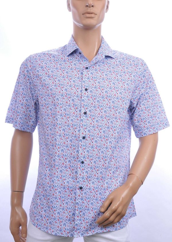 FORTUNATO allover bloemen dessin slim fit heren korte mouwen overhemd Blauw