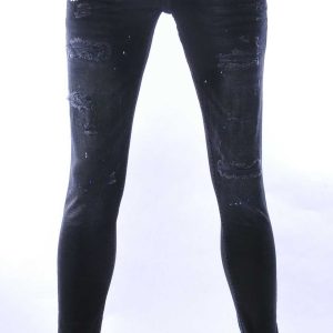 ICON2 hippie gescheurde slim fit stretch heren jeans met verfspatten Zwart