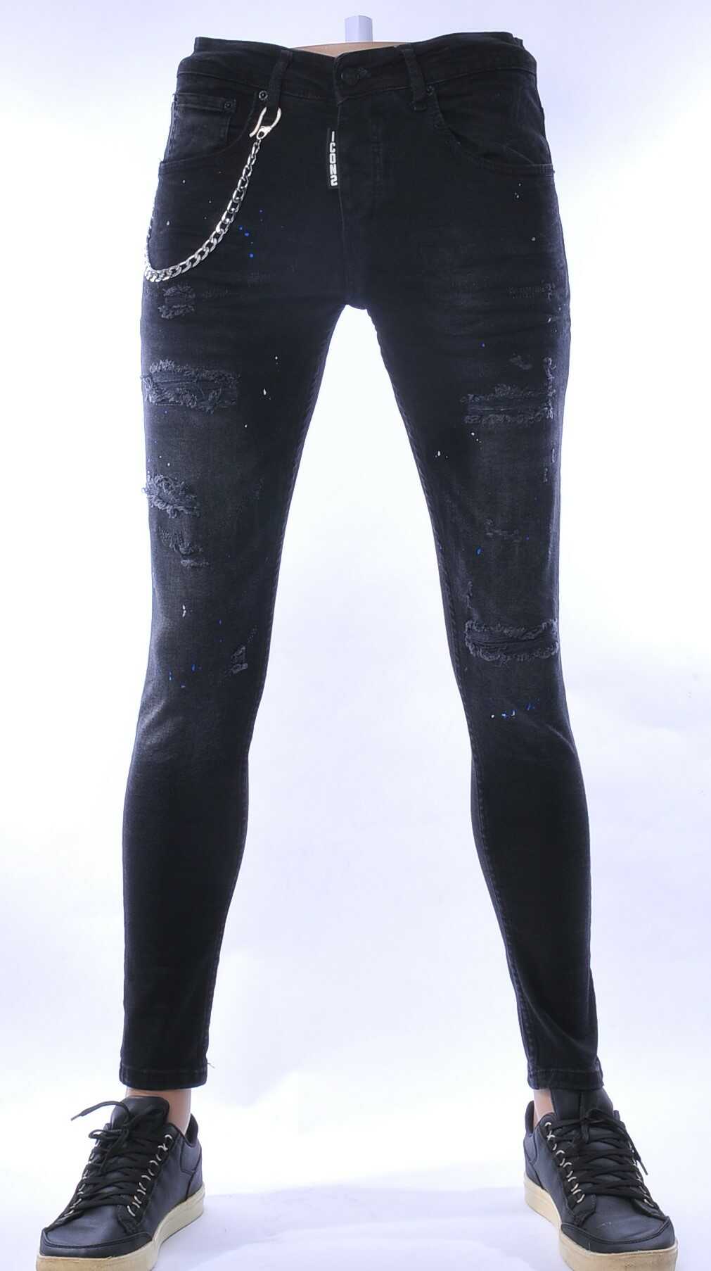 ICON2 hippie gescheurde slim fit stretch heren jeans met verfspatten Zwart