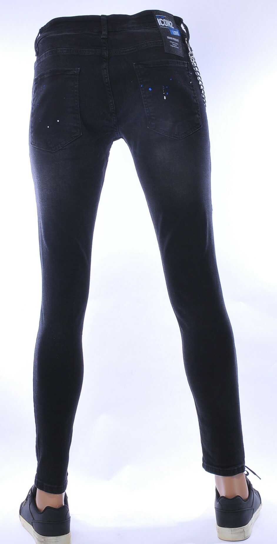 ICON2 hippie gescheurde slim fit stretch heren jeans met verfspatten Zwart