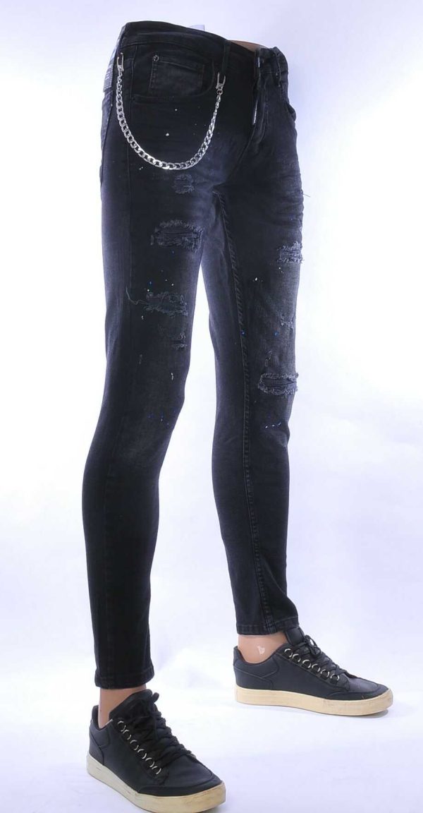 ICON2 hippie gescheurde slim fit stretch heren jeans met verfspatten Zwart