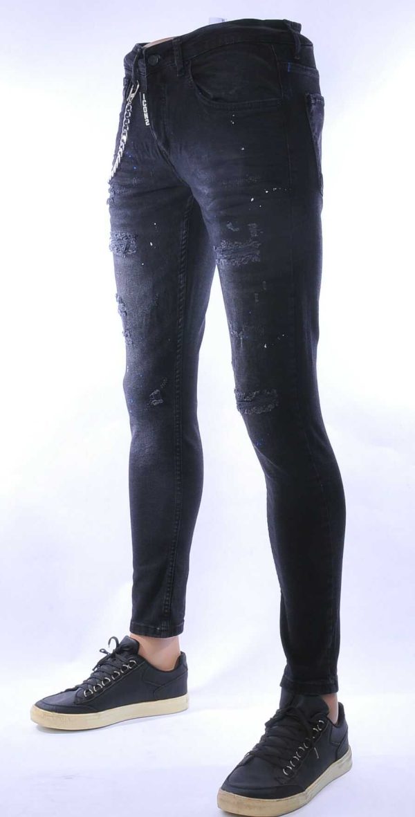 ICON2 hippie gescheurde slim fit stretch heren jeans met verfspatten Zwart