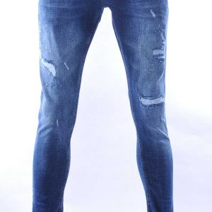 ICON2 hippie gescheurde slim fit stretch heren jeans met verfspatten Blauw