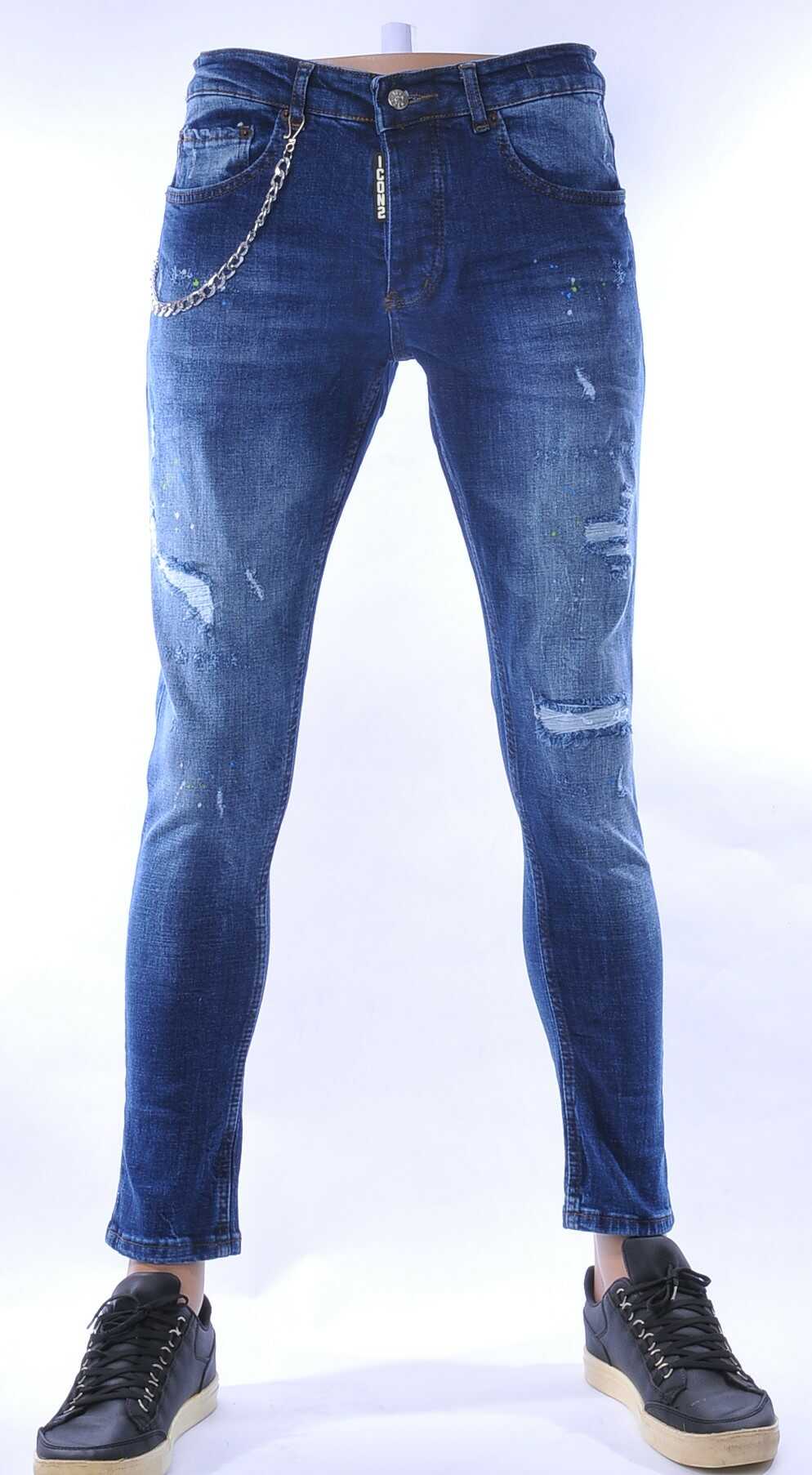 ICON2 hippie gescheurde slim fit stretch heren jeans met verfspatten Blauw