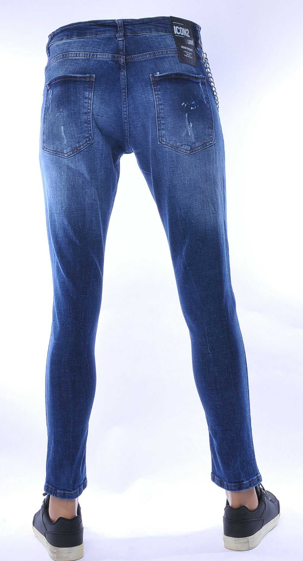 ICON2 hippie gescheurde slim fit stretch heren jeans met verfspatten Blauw