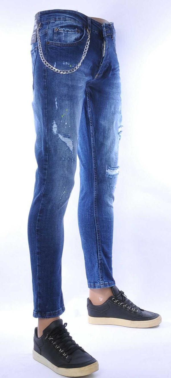 ICON2 hippie gescheurde slim fit stretch heren jeans met verfspatten Blauw