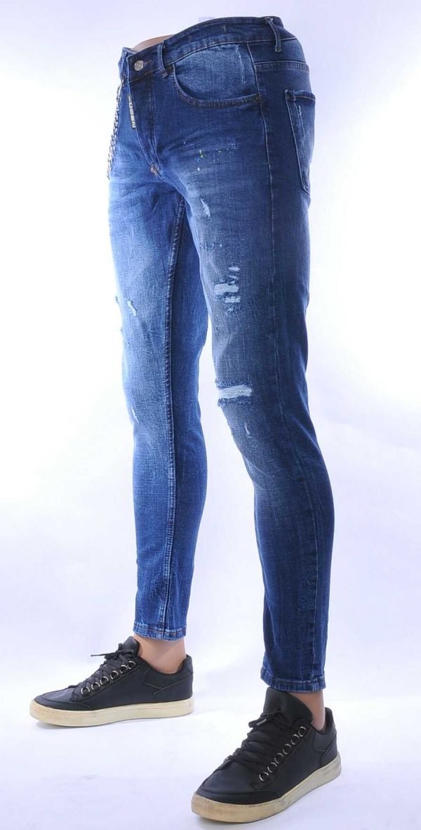 ICON2 hippie gescheurde slim fit stretch heren jeans met verfspatten Blauw