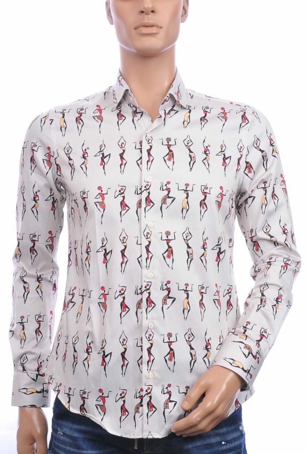 Berzo getailleerd allover dansende Afrikaanse vrouwen dessin slim fit heren overhemd Beige