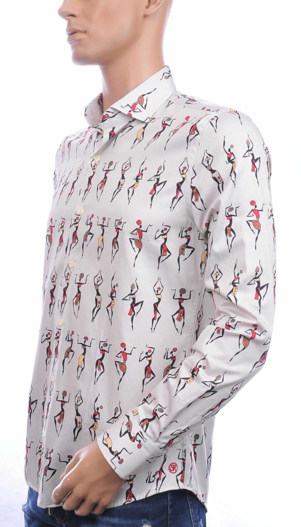 Berzo getailleerd allover dansende Afrikaanse vrouwen dessin slim fit heren overhemd Beige